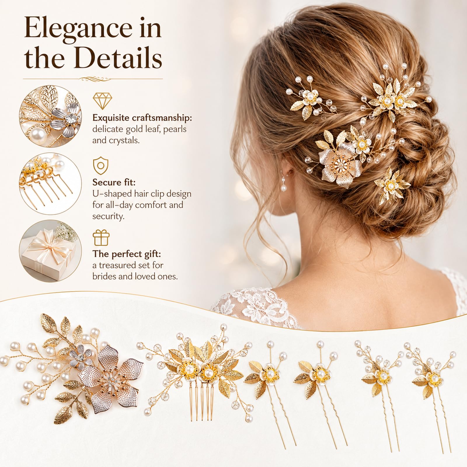 6 forcine per capelli da sposa, accessori per capelli da sposa, set di pettini per capelli con perle, oro