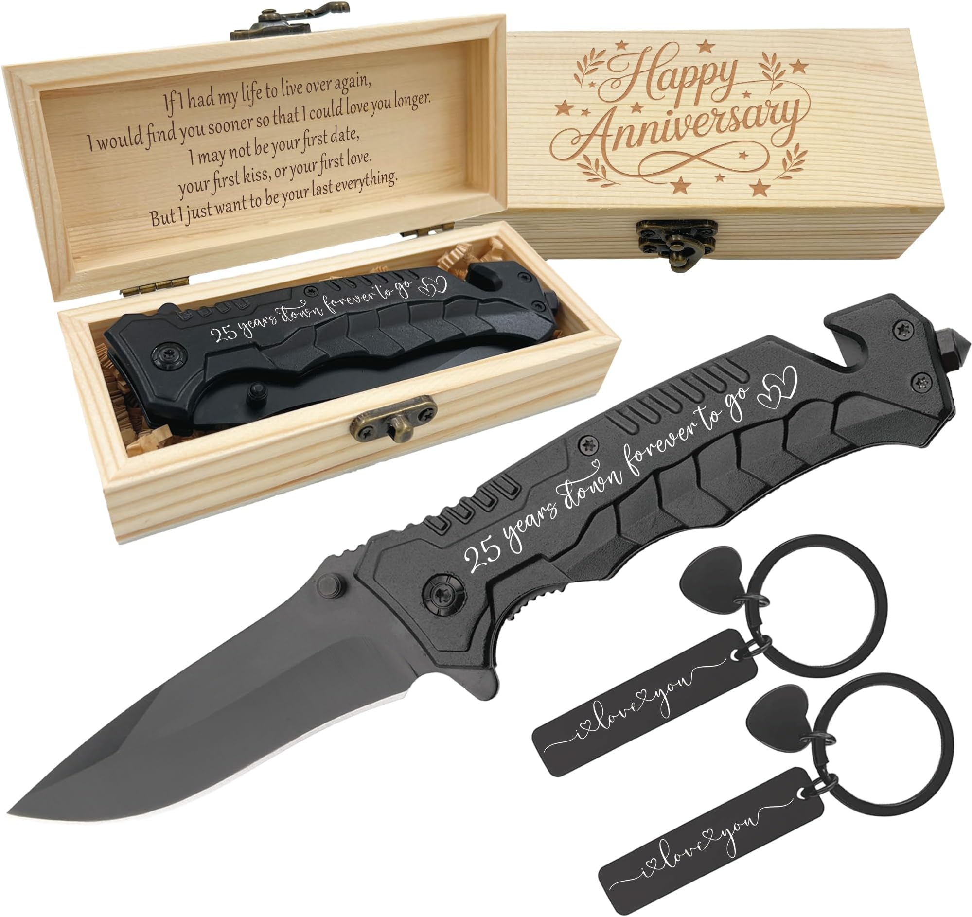 25 Years Wedding Anniversary Keepsake Him, 25th Silver Anniversary Present for Husband, 25 Years Marriage Men Gift Idea, Engraved Pocket Knife with Wood Box, Hunting, Camping, Fishing, Folding Knives