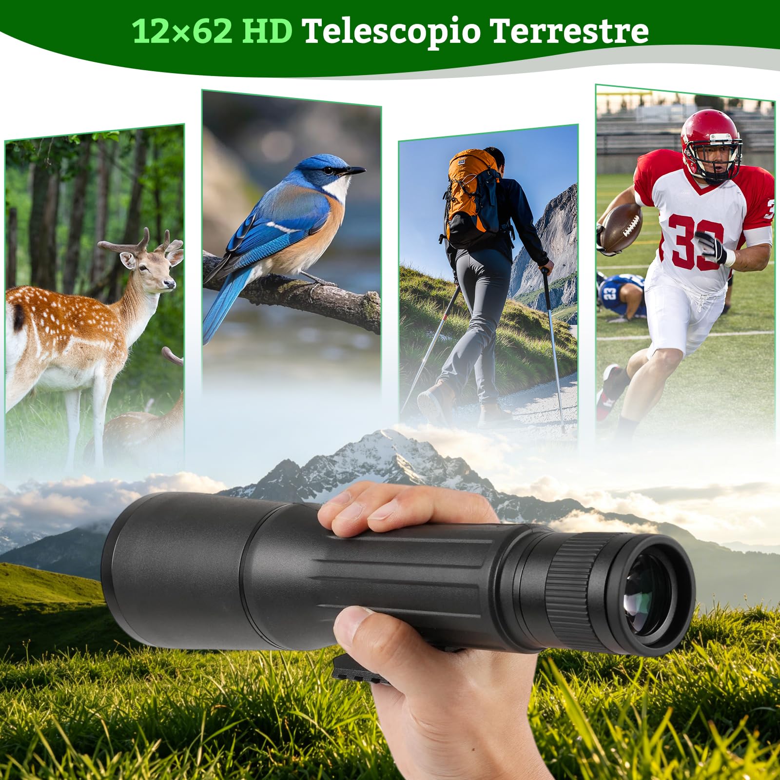 Telescopio Terrestre con trípode12×62 Impermeabile para Caza | Cannocchiale da Osservazione,HD FMC BAK4 Telescopio Terrestre para Tiro al Blanco, Observación de Aves,Vida Silvestre