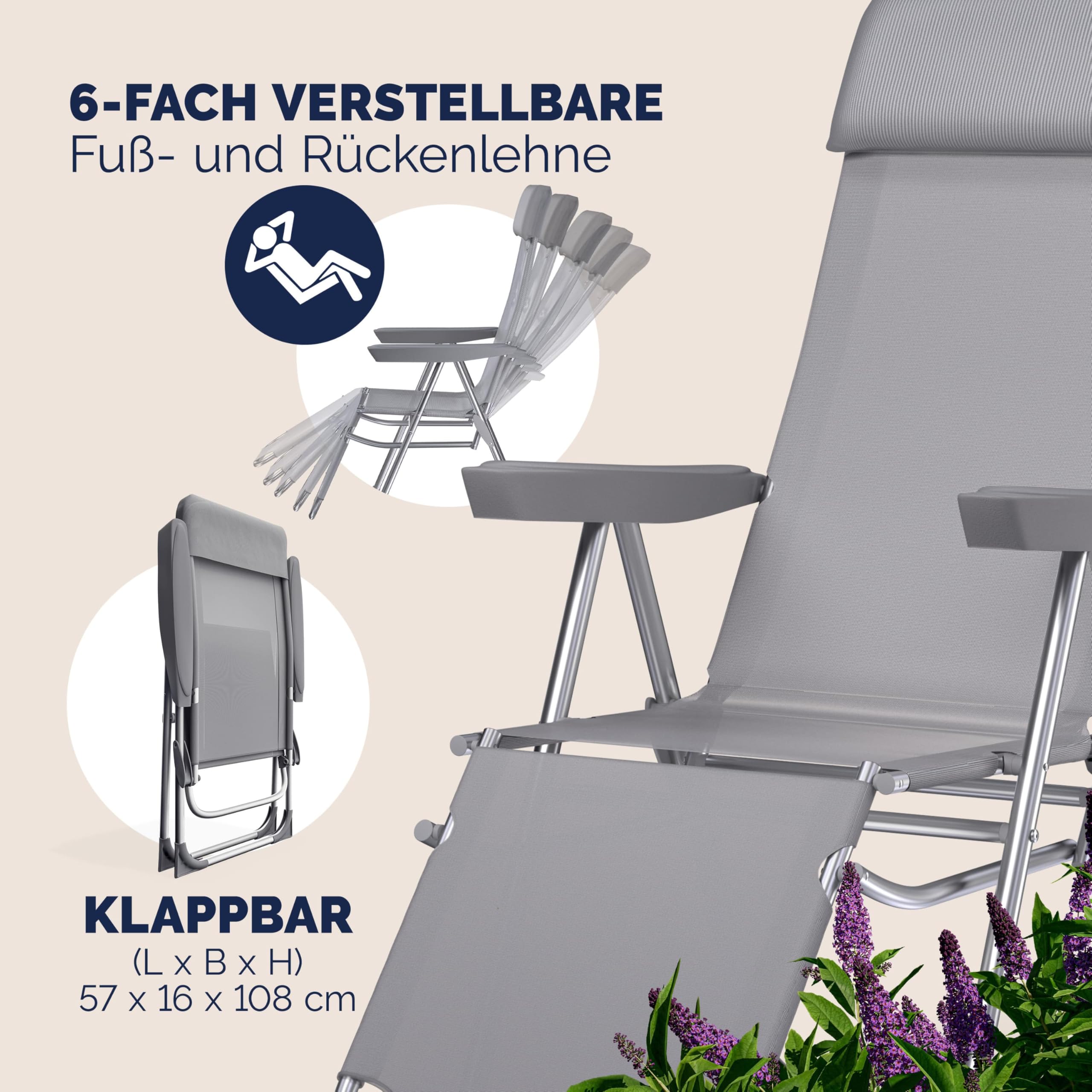 Casaria® Gartenstuhl mit Fußteil 2er Set 6fach Verstellbar Liegefunktion Alu Faltbar Klappbar Hohe Rückenlehne Campingstuhl Klappstuhl Hochlehner Grau