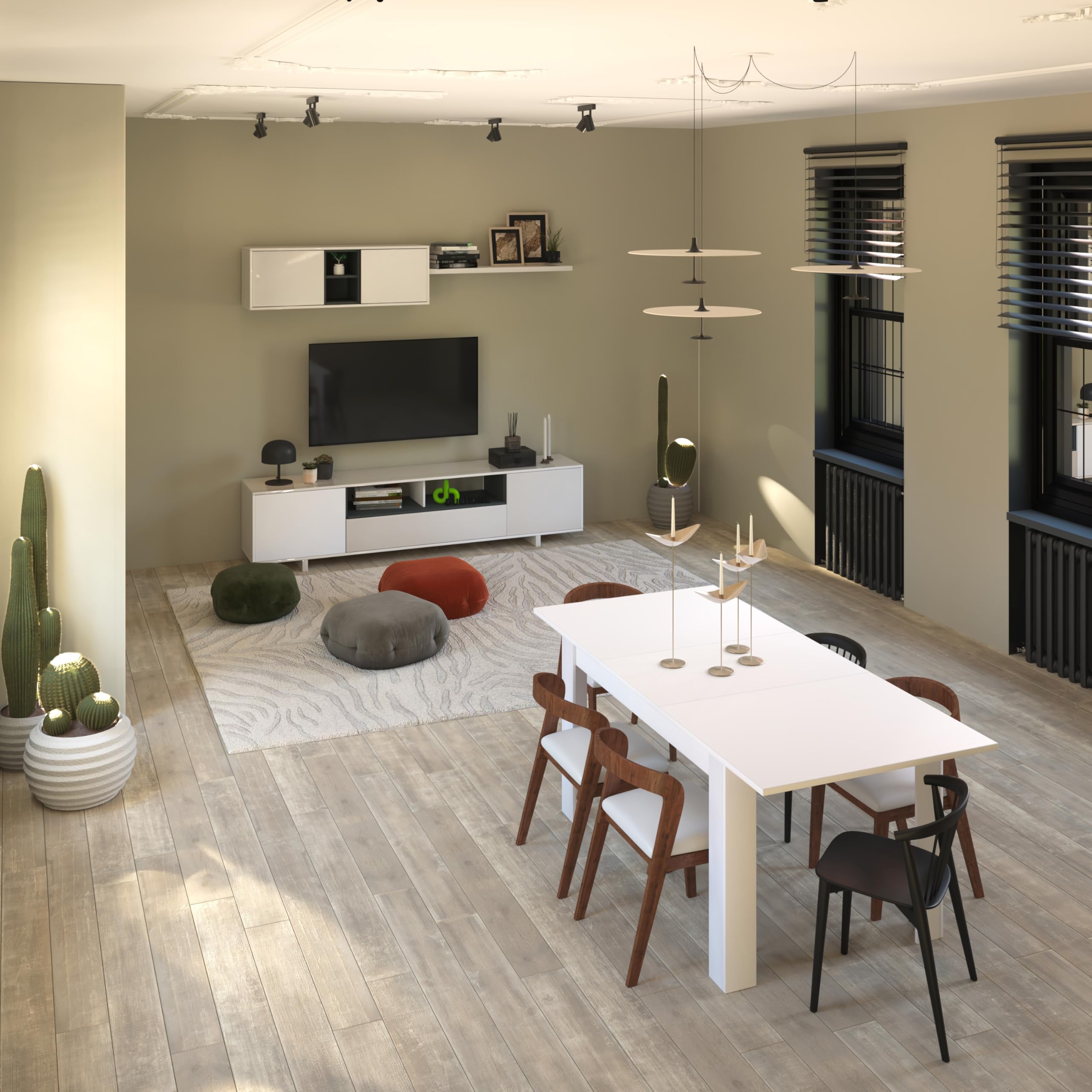 duehome | Mueble de Salon Moderno, Modulos Comedor, Modelo Kenzo, Acabado en Blanco Brillo y Gris Antracita, Medidas: 200 cm (Ancho) x 41 cm (Fondo) x 46 cm (Alto)