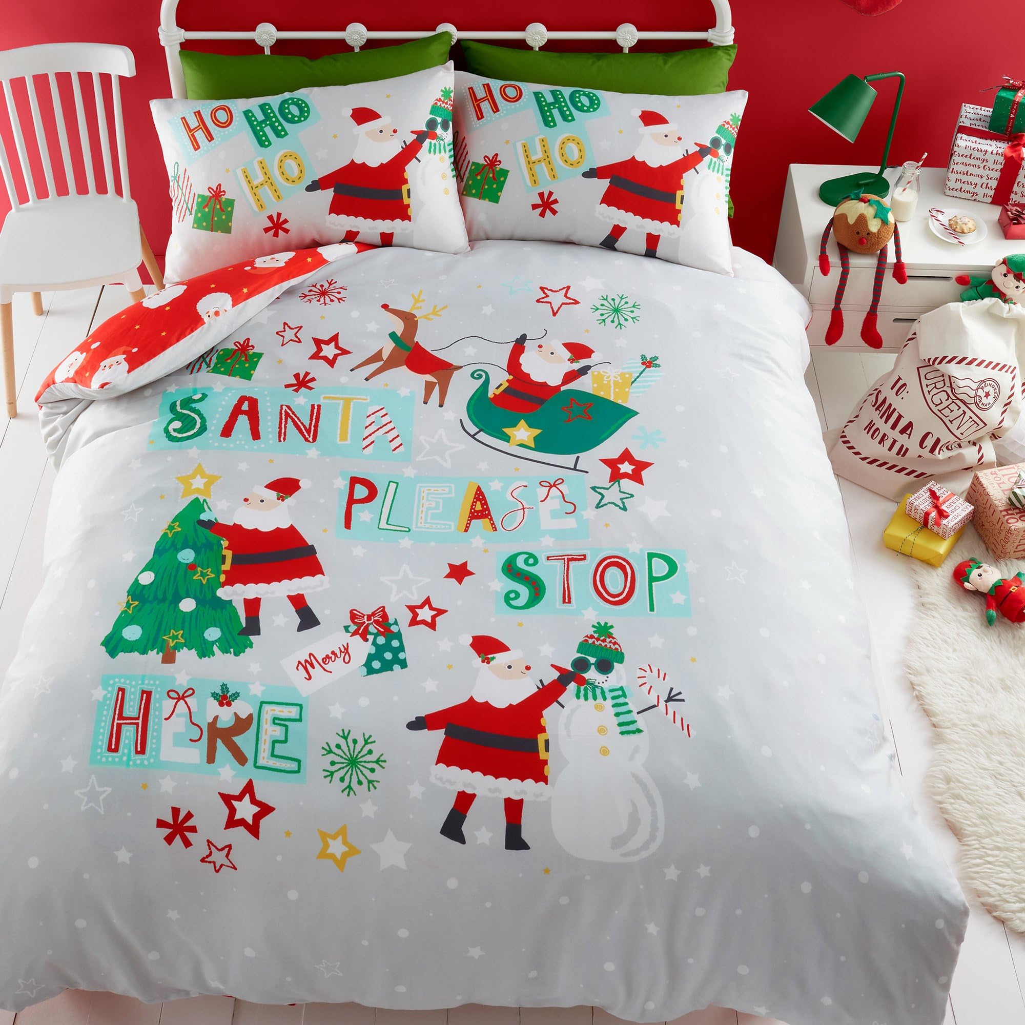 Bedlam Gray - Cartoon Santa Please Stop Here Duvet Cover - Single Bedding Size (140 X 200Cm) - Reversible (2 Designs) - 1X Pillowcase Included - Santa Sleigh, Snowman & Christmas Tree Christmas Bedding