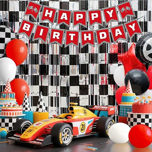 Vista 7 de Decoración de Fiesta de Cumpleaños de Autos de Carreras, 1 Paquete de Telón de Fondo para Fiesta de Autos de Carreras Accesorio de Cabina de Fotos