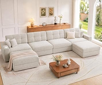 Vipbear 160-Inch Oversized Modular Sectional Sofa with Ottoman, 6-Seat U-Shaped Couch, 24.5-Inch Deep Seat Chenille Sofa with USB Charging Port, Tool-Free Assembly, Beige