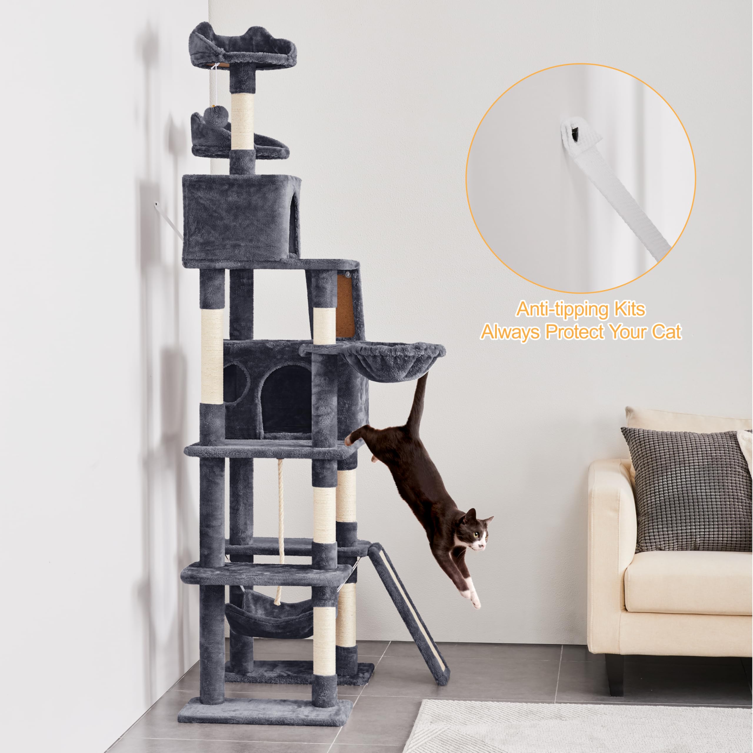 Yaheetech Rascador para Gatos 209 cm Torre Escalado Grande Gris Oscuro | Para Gatos grandes, Hamaca, Rampa sisal,Estabilidad, Fácil montaje, Duradero, Perca ancha, Cesta blanda, multifuncional