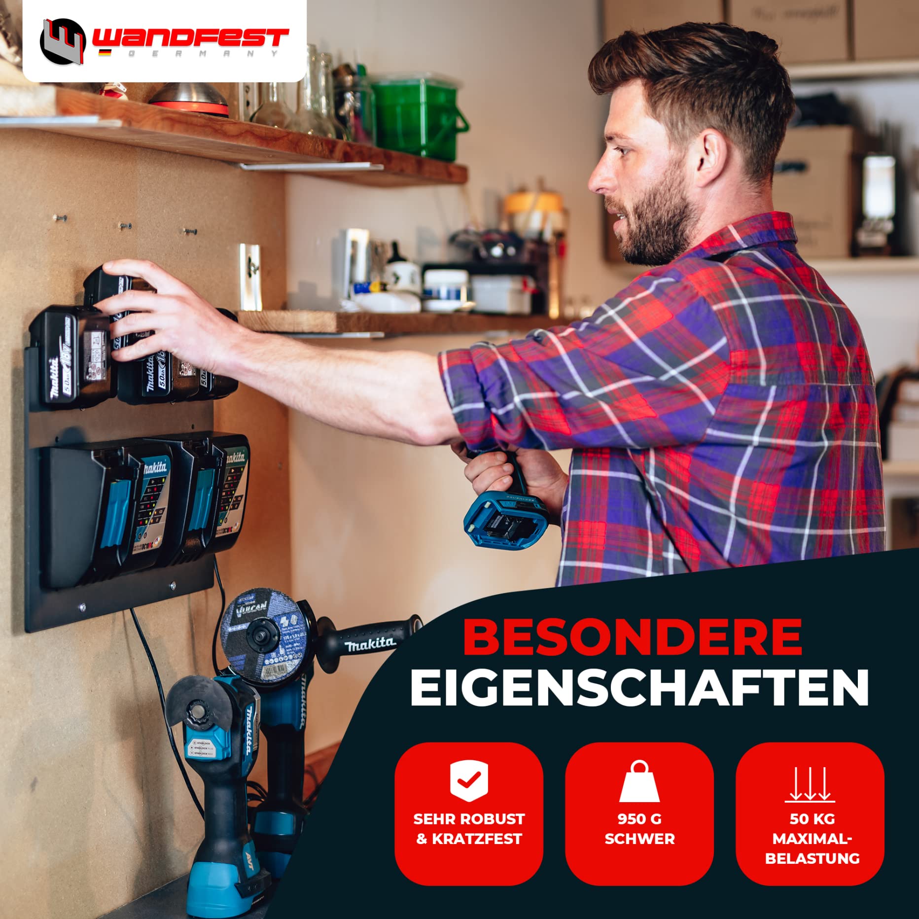 Wandfest® Uchwyt ścienny do akumulatorów i ładowarek Makita | w zestawie materiał mocujący [Made in Austria] uchwyt na akumulator na 1-4 akumulatory | teraz więcej porządku w warsztacie i garażu