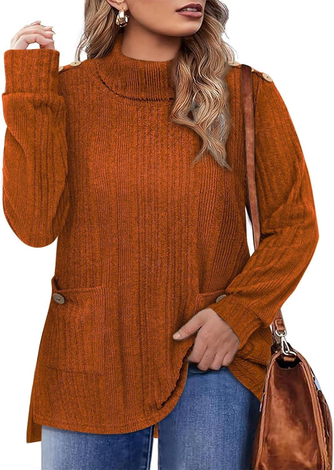 Amrto Plus Size Sweaters for Women 2025 Winter Cowl Neck Tunic Sweaters Buttoned Holiday Vacation Tops with Pockets