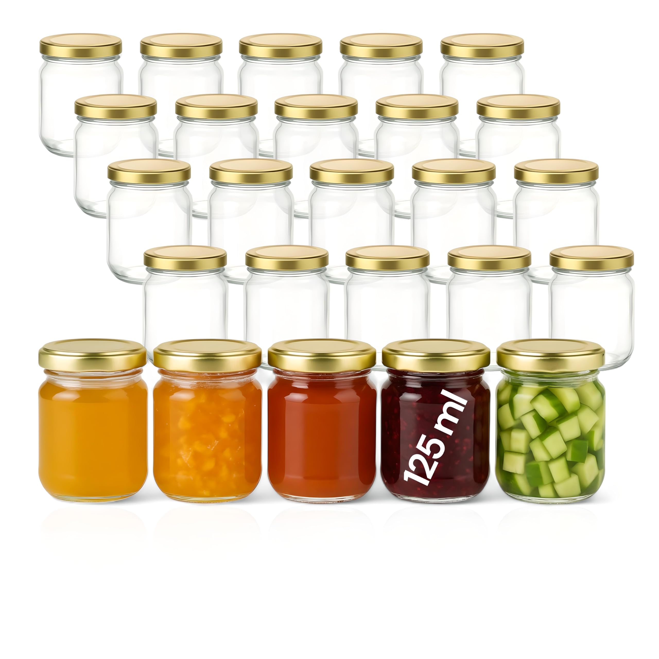 gouveo set da 25 barattoli per conserve rotondi (0,125 l) con chiusura Twist-Off TO 53 coperchi in metallo color oro vasetti piccoli per marmellata miele spezie dessert (HEG125G)