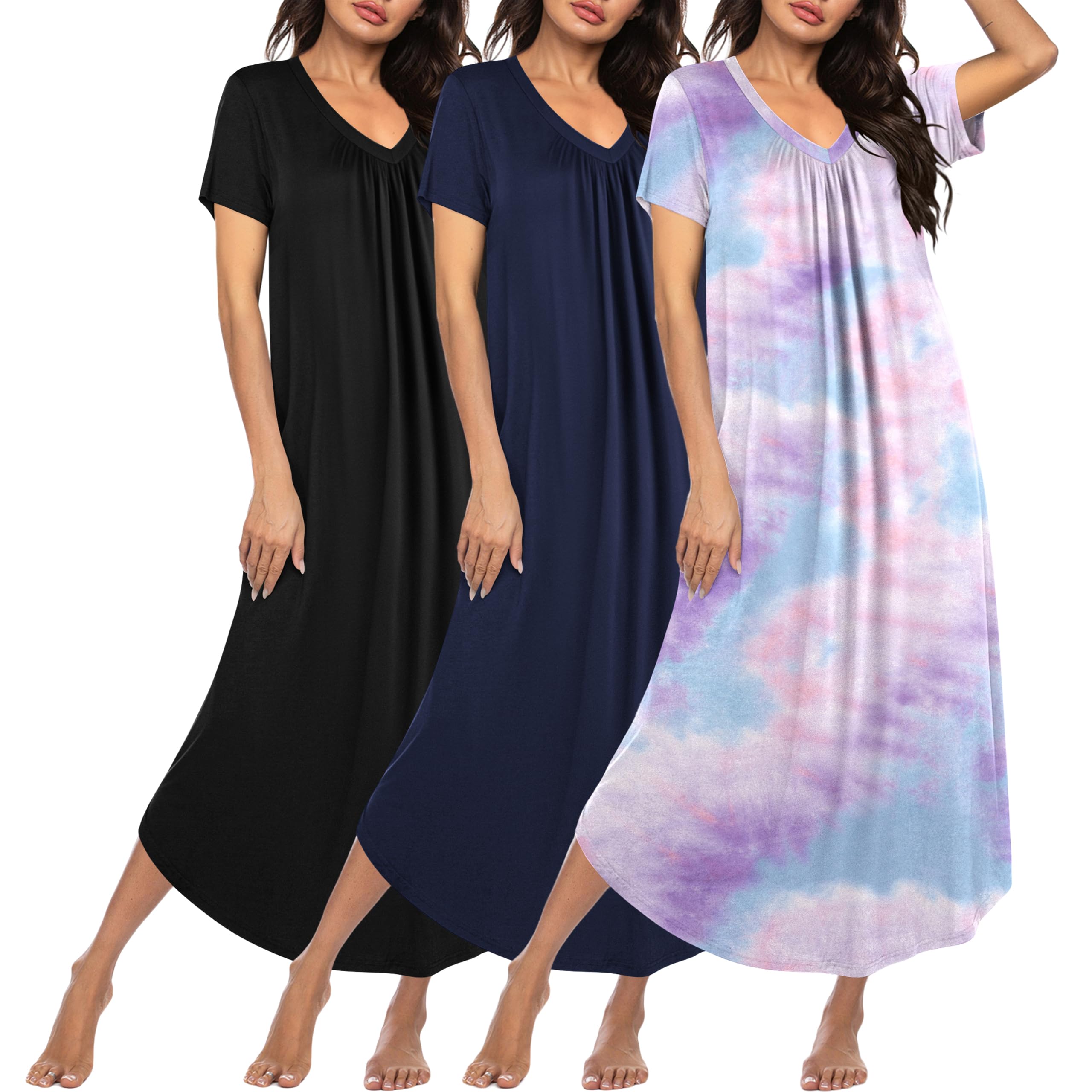 ekouaer 3 Pack Long Nightgowns for Women Plus Size House Dress Short Sleeve Night Gown V Neck Casual Nightshirt M-5XL-picture-26