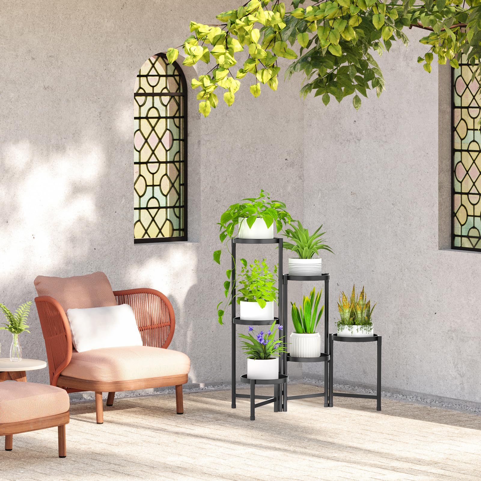 Msoesticc.dl 6 Tier Metal Plant Stand Tall Indoor Outdoor, Foldable Corner Plant Shelf for Multiple Plants, Tiered Flower Pot Stand Display Rack for Corner Balcony Garden Patio Living Room (Black)