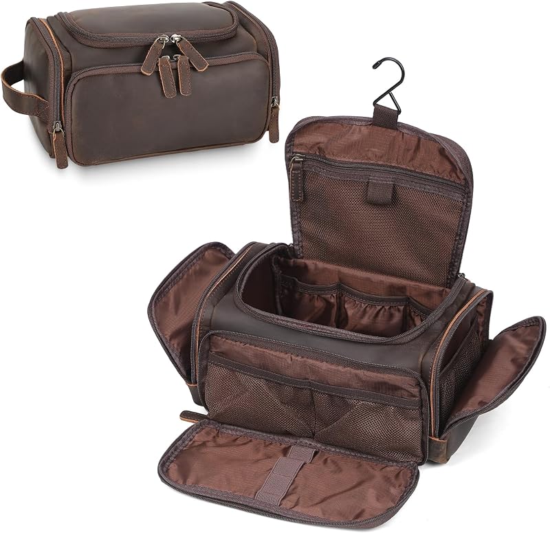 Necessaire de viagem em couro POLARE ORIGINAL B-Dark Brown com gancho e compartimentos