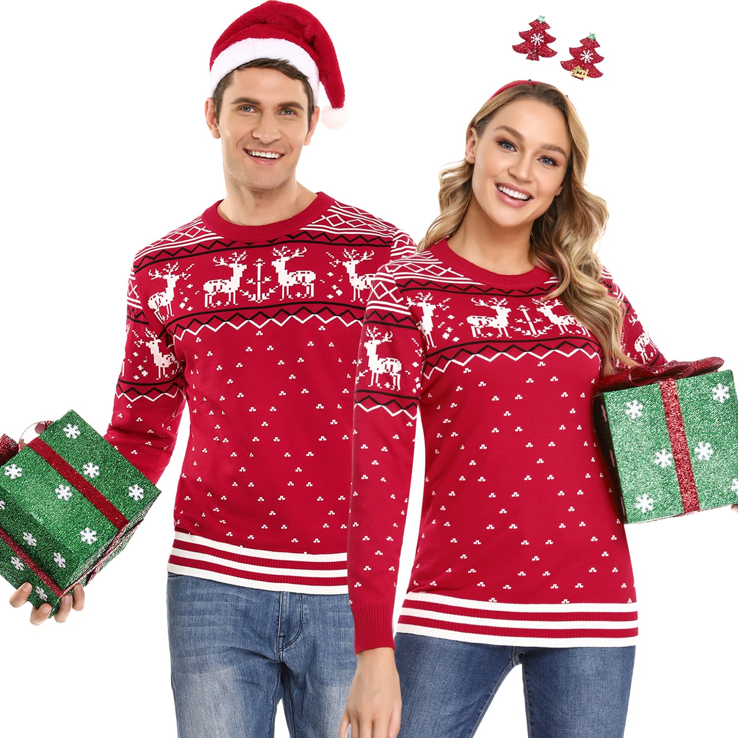 Litherday Pull de Noël Famille Unisexe Sweater Tricot à Col Rond avec Renne Flocon de Neige Arbre de Noël Imprimé Pull Manche Longue Hiver Sweat-Shirt Festif Joyeux Christmas