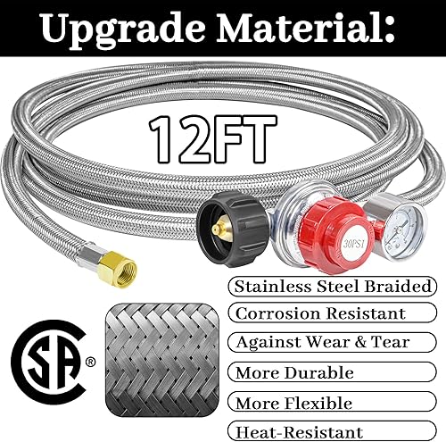 Miniatura 4 de Regulador de propano ajustable de alta presión de 12 pies 0-30PSI con indicador de flujo de gas de calibre 0-60PSI, manguera trenzada de acero