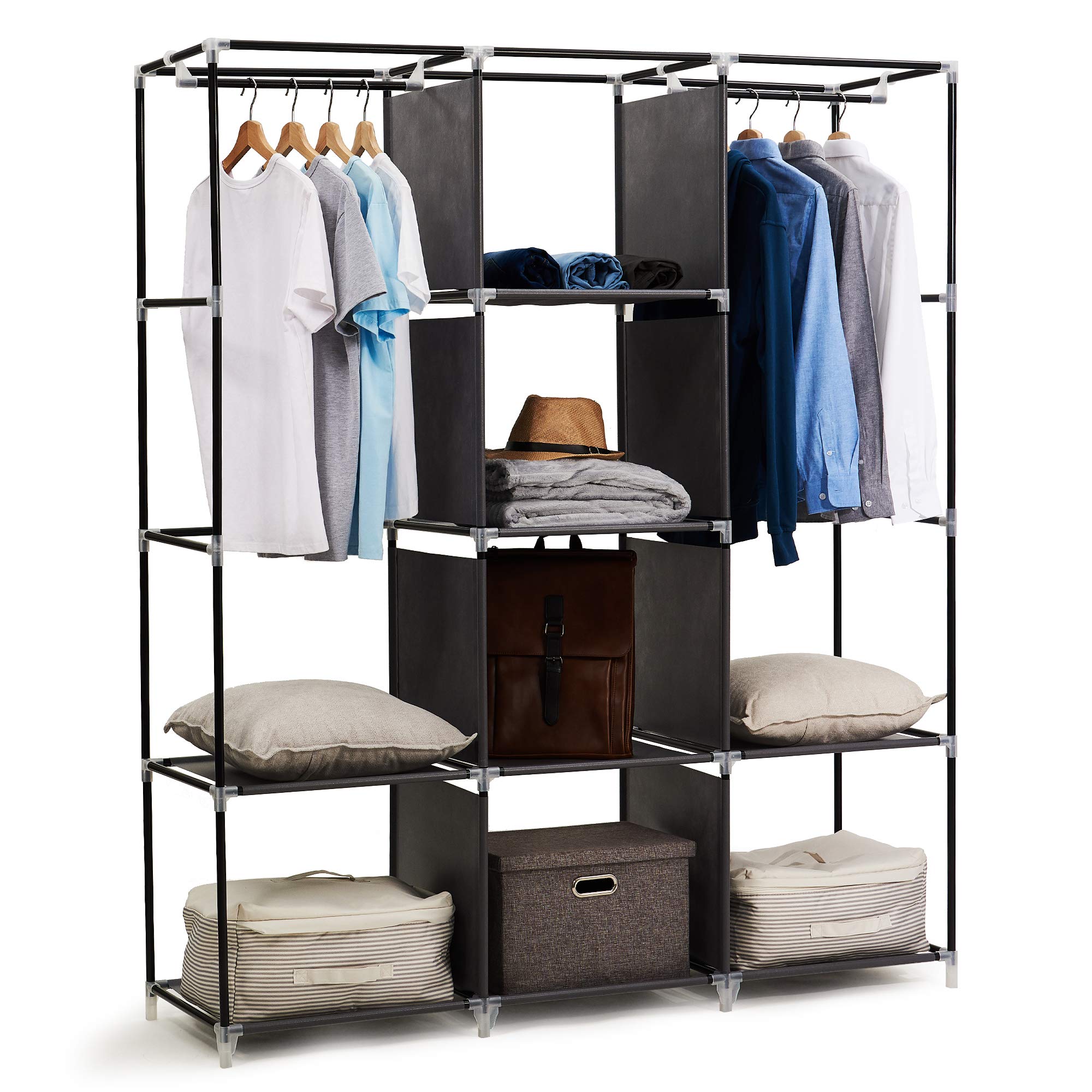 Hododou Tragbarer Kleiderschrank, groß, Segeltuch, 175 x 150 x 45 cm, Grau | Kleideraufbewahrungs-Organizer mit 2 Kleiderstangen, faltbarer Schrank für Wohnzimmer, Schlafzimmer