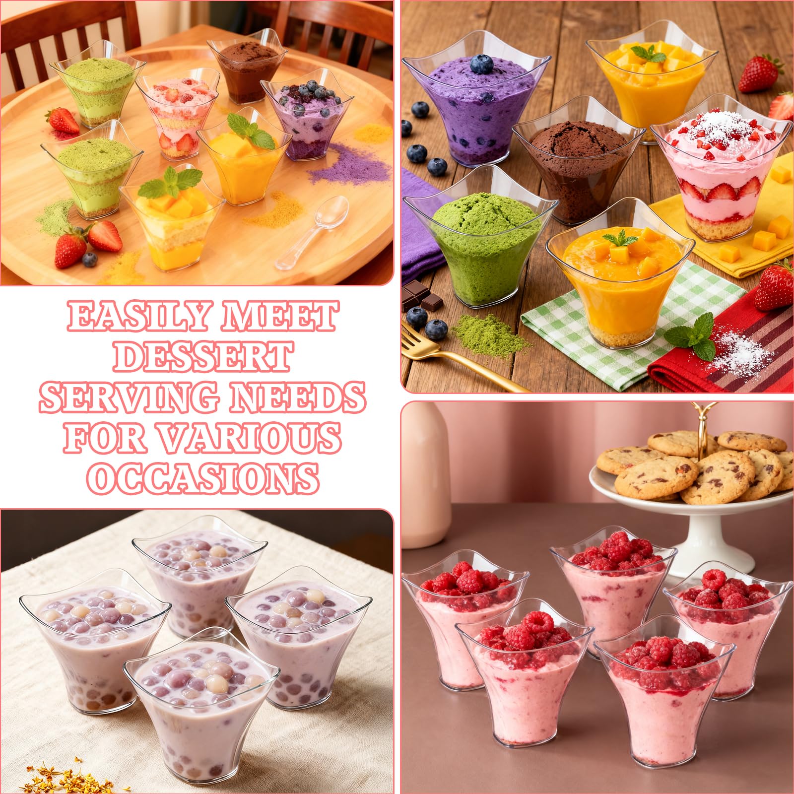 60 Pezzi Tazze Da Dessert 100 Ml/4oz, Plastica Bicchierini Finger Food Con 60 PCS Cucchiai,Rotonde Curve,Riutilizzabili Mini Trasparenti Bicchierini per Finger Food,Per Mousse,Budini,Gelati,Feste