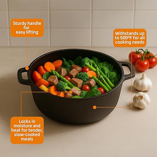 Miniatura 4 de Bruntmor Horno holandés de hierro fundido esmaltado 2 en 1 de 7 cuartos con asas, sartén de hierro fundido negro, esmalte todo en uno para cacerola,