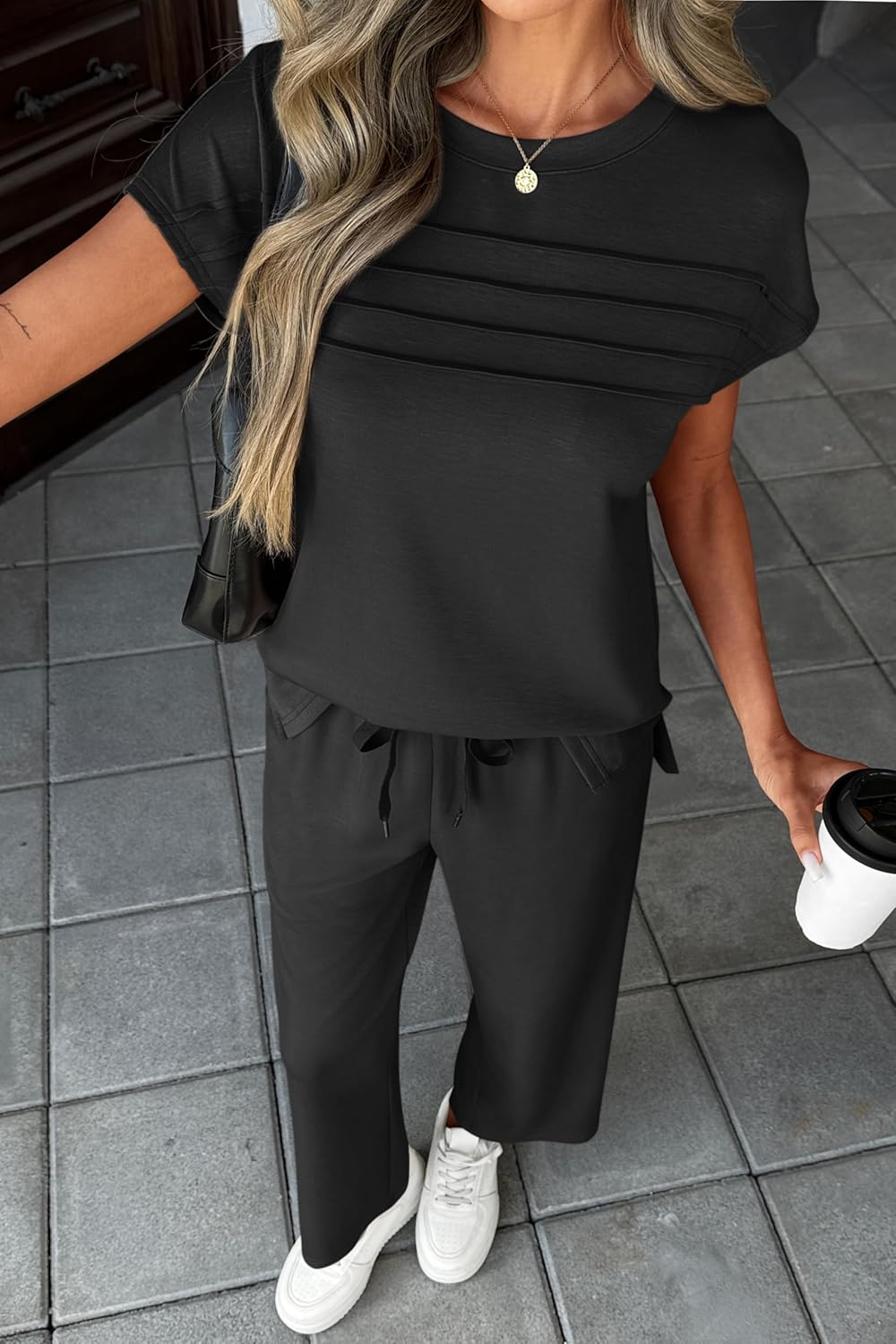 ATHMILE Two Piece Sets for Women Cap Sleeve Lounge Matching Casual Outfits Wide Leg Pants Summer Vacation Travel Outfits - Image 5