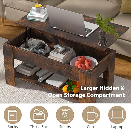 Miniatura 5 de Mesa auxiliar elevable con almacenamiento para sala de estar, mesa de consola con almacenamiento, mesas de centro de madera rústica para muebles de