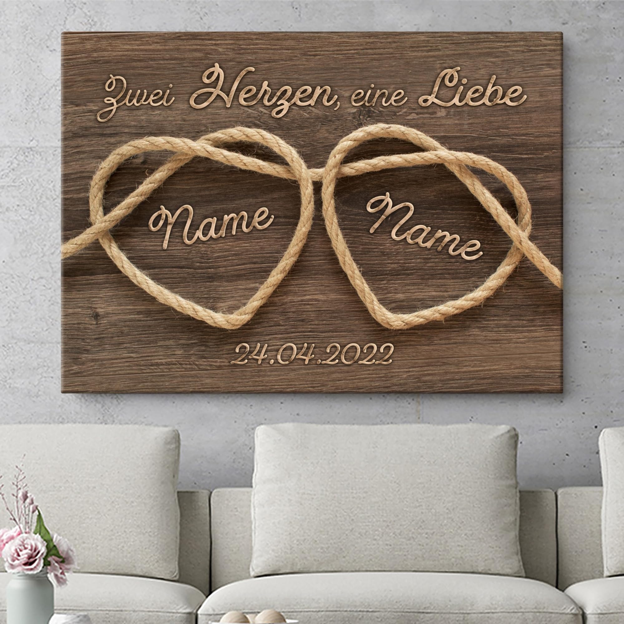 Liebesleinwand Das sind wir Leinwand: Verknüpfte Herzen | Leinwandbild mit Namen und Datum | Wandbild gestalten | Jahrestag Geschenk für Frau Freundin Mann Freund
