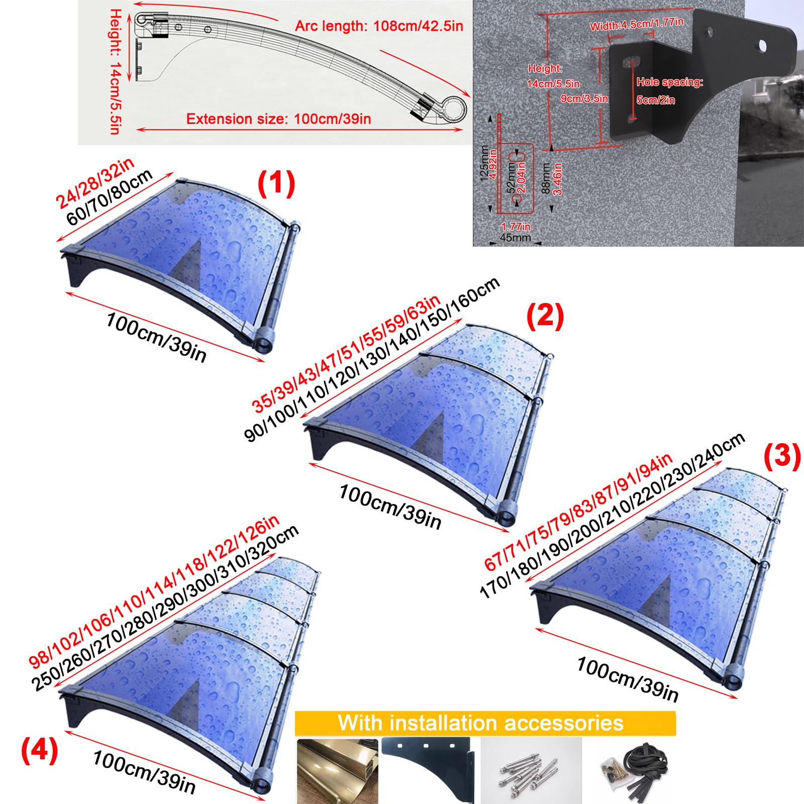 Auvent de porte en aluminium résistant aux intempéries, résistant aux intempéries, à la pluie et aux UV, 300 kg, 5 couleurs disponibles (100 x 290 cm, marron)