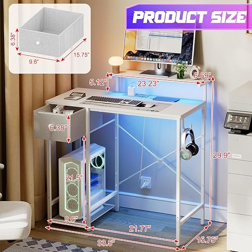 Miniatura 2 de X-cosrack Escritorio pequeño para juegos con luces LED y tomas de corriente, escritorio compacto de 33.5 pulgadas para computadora de oficina en