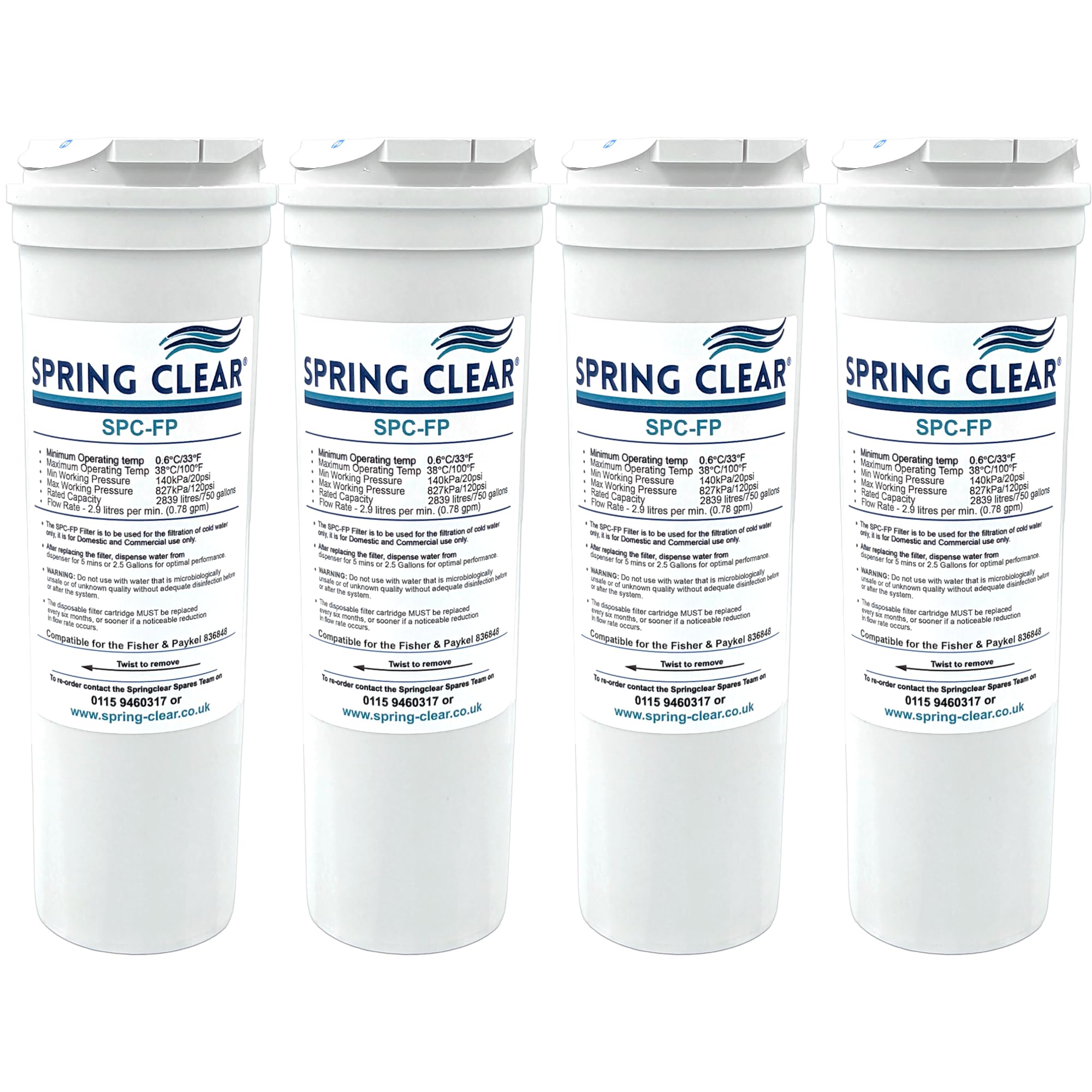 Spring Clear SPC-FP - Cartucho de filtro de agua para nevera compatible con Fisher & Paykel 836848, Whirlpool, Smeg, Beko, Brita y más, reduce el olor y el sabor del cloro (paquete de 4)