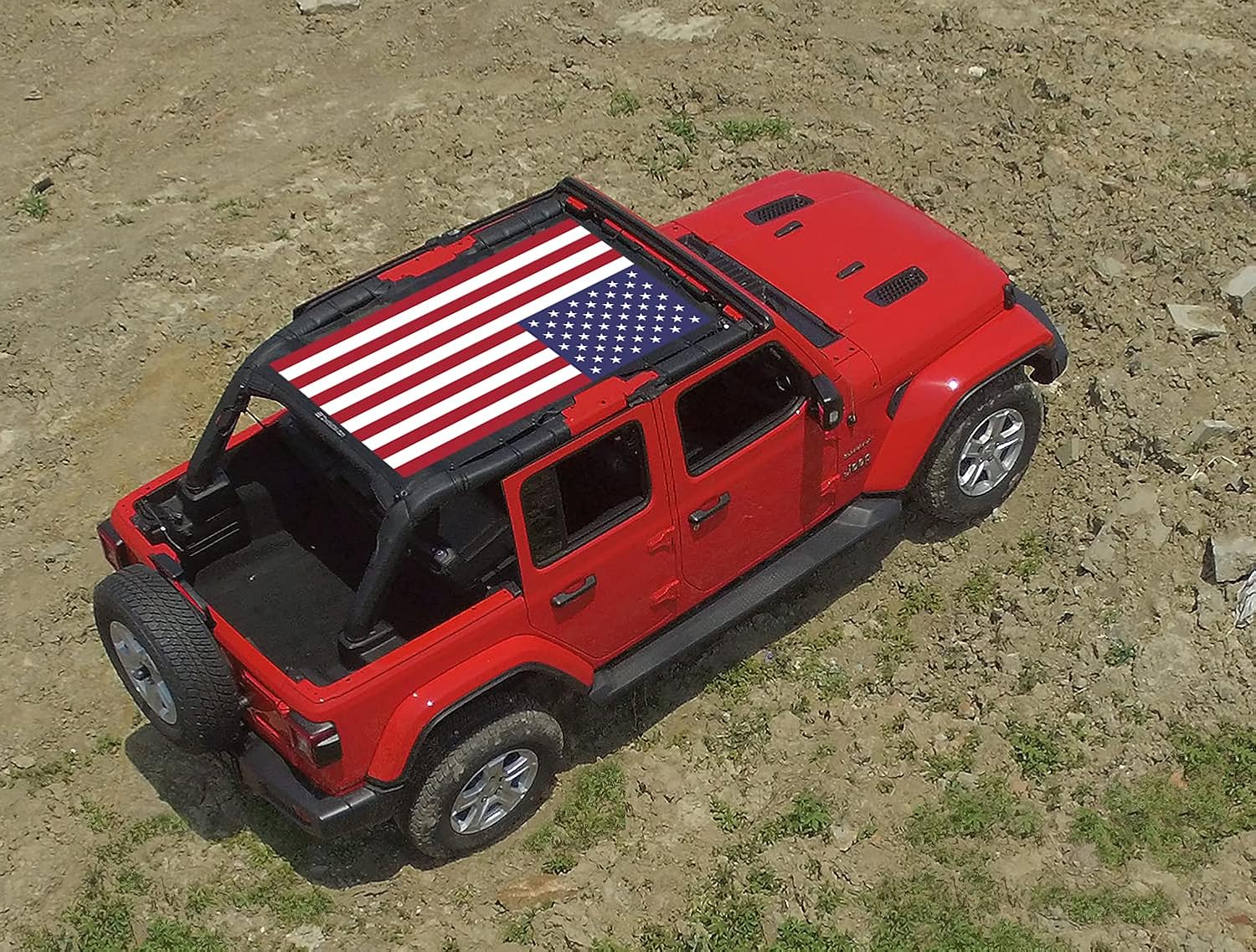 Shadeidea JL Top Sunshade Compatible with Jeep Wrangler JLU Sun Shade Top 4 Door Roof Mesh Screen Cover 2018-2023, Wind Noise UV Blocker -10 Year Warranty - American Flag -Front&Rear