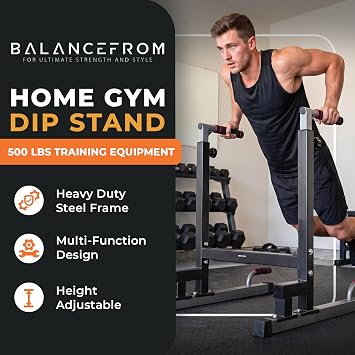 BalanceFrom Steel Frame Dip Station with Adjustable Height, 500 Pound Weight Capacity Upper Body Workout Home Gym Equipment for Triceps, Push & Pull Ups, Leg Raises, and Bench Press