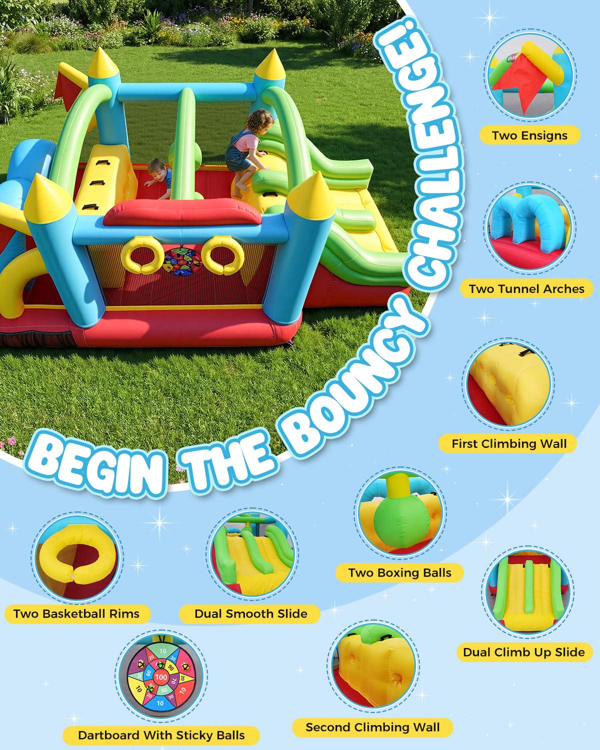 AKEYDIY Château gonflable pour enfants, parcours d’obstacles gonflable de 4,7 x 2,7 m avec zone de saut, doubles toboggans, tunnels, murs d’escalade, paniers de basket, cibles, château gonflable pour