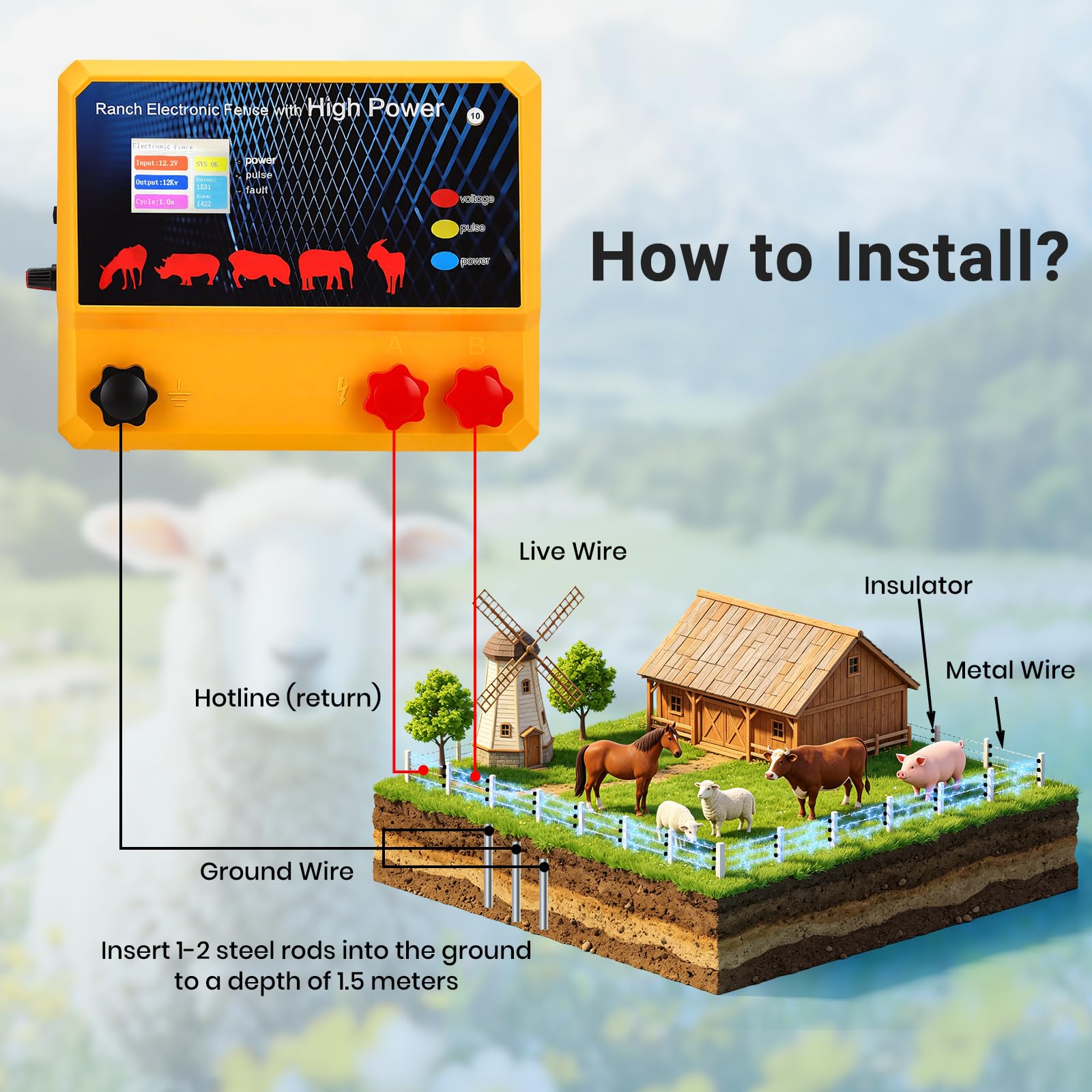 Valla eléctrica de 8-15 kV, potencia de 4 J, 30 km de alcance, 230 V/12 V de energía solar, IP67, alarma inteligente, valla eléctrica para animales de granja y defensa de depredadores