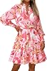 MASCOMODA Fall Dresses for Women 2024 Elegant Long Sleeve Button Short Floral Dress Chiffon A-Line Tie Waist Flowy Mini DressPink Rust Red Floral,Medium