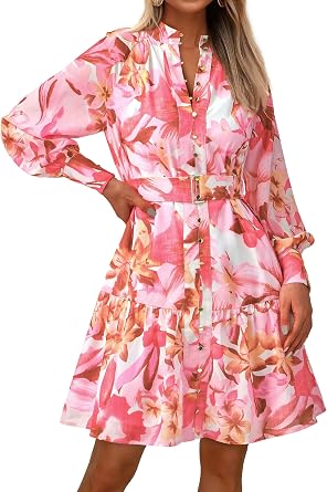 MASCOMODA Fall Dresses for Women 2024 Elegant Long Sleeve Button Short Floral Dress Chiffon A-Line Tie Waist Flowy Mini Dress