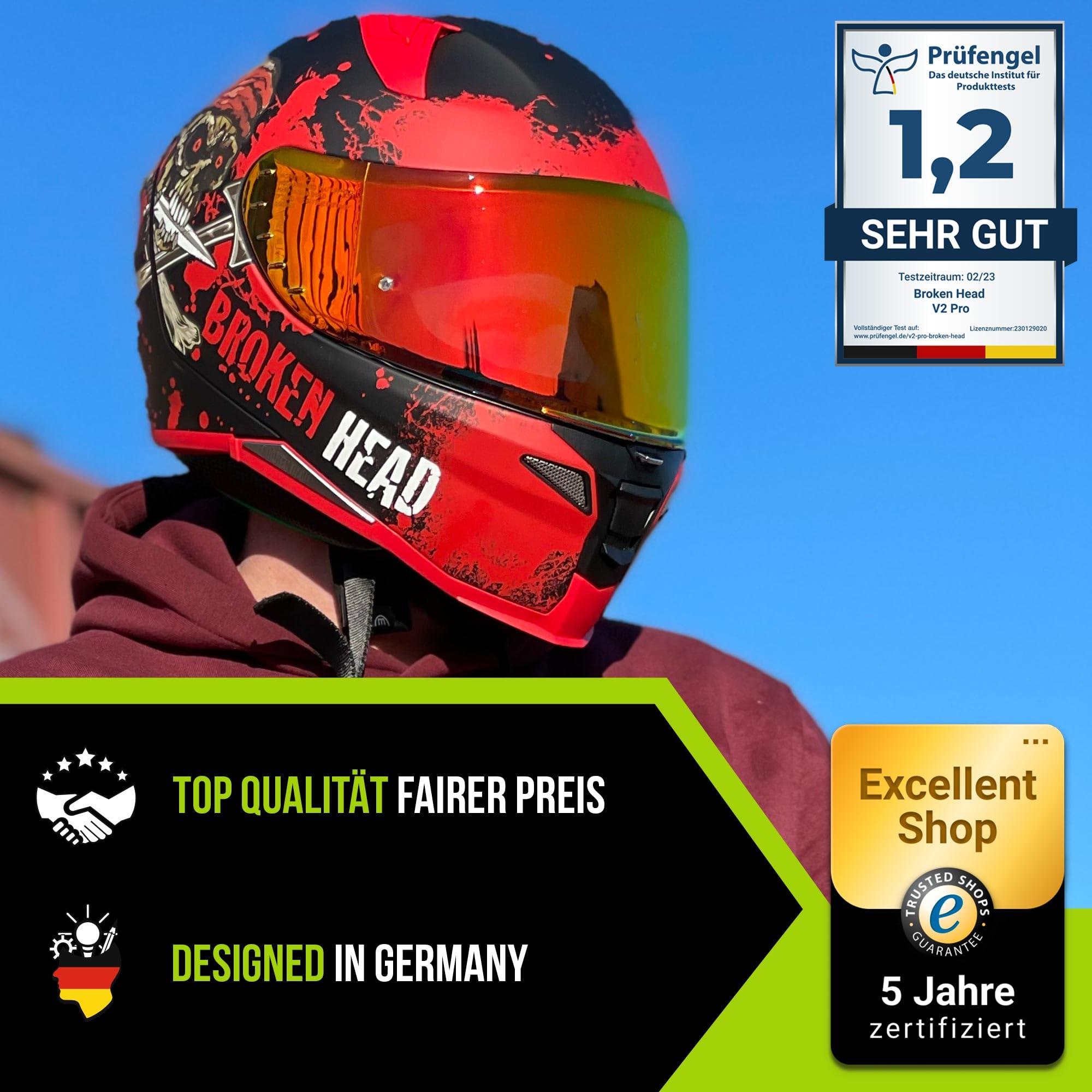 Broken Head Integralhelm Jack S. V2 Pro Mit Spoiler | Inkl. 2 Visiere (Klar + Verspiegelt), Sportlicher, leichter Motorradhelm