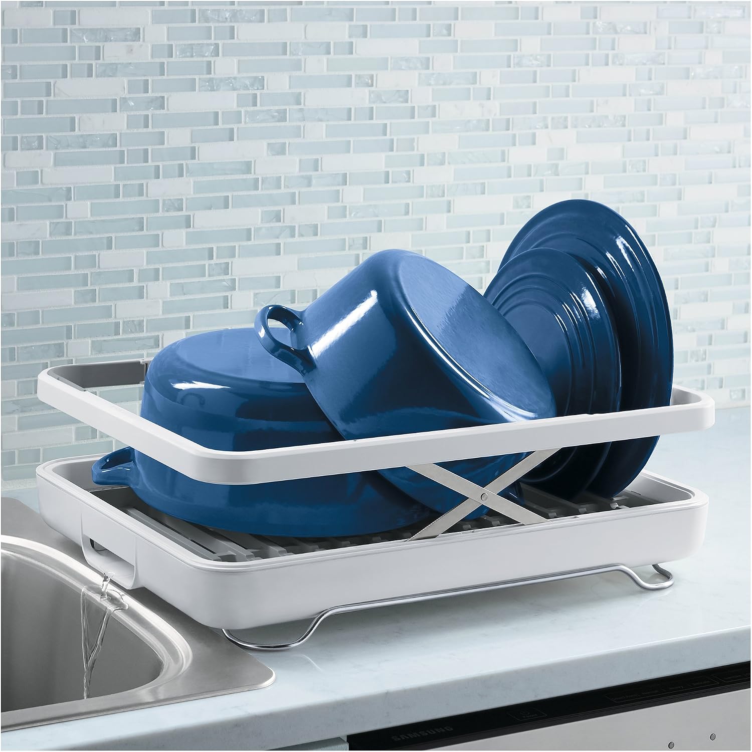 KOHLER (K-8631-0) Large Collapsible & Storable Dish Drying Rack with Wine Glass Holder and Collapsible Utensil Band. Even Made to Hold Pots and Pans, White