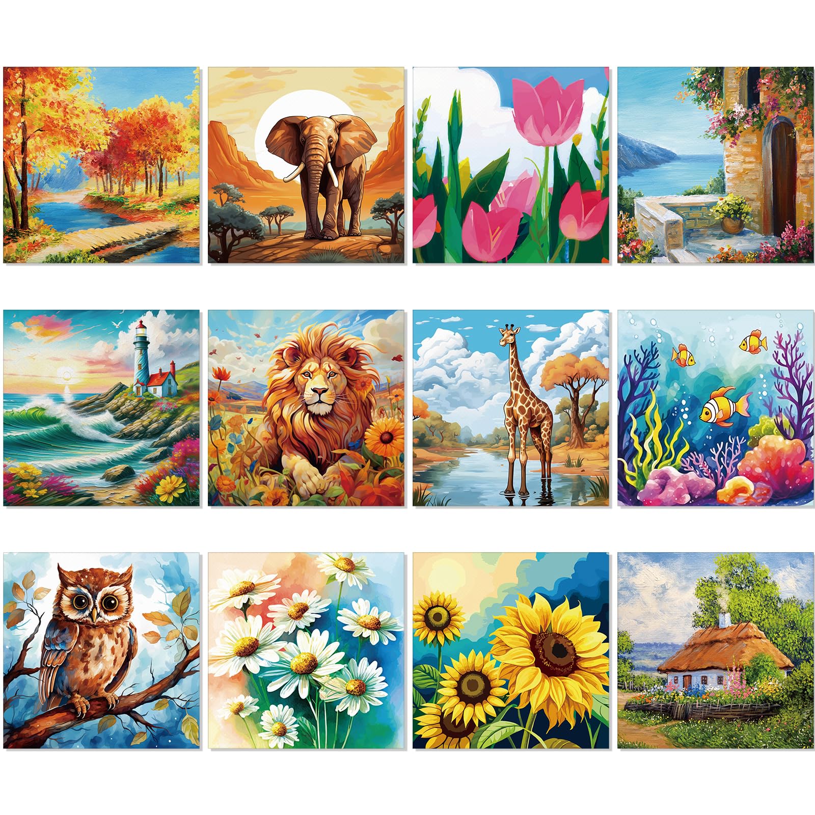Sherr 12 Pcs Pre Printed Canvas Cute Canvas Painting Set for Kids Printed Canvas to Paint Canvas Set Theme Canvas Painting for Party Favor(8 x 8 Inch, Mixed Style)