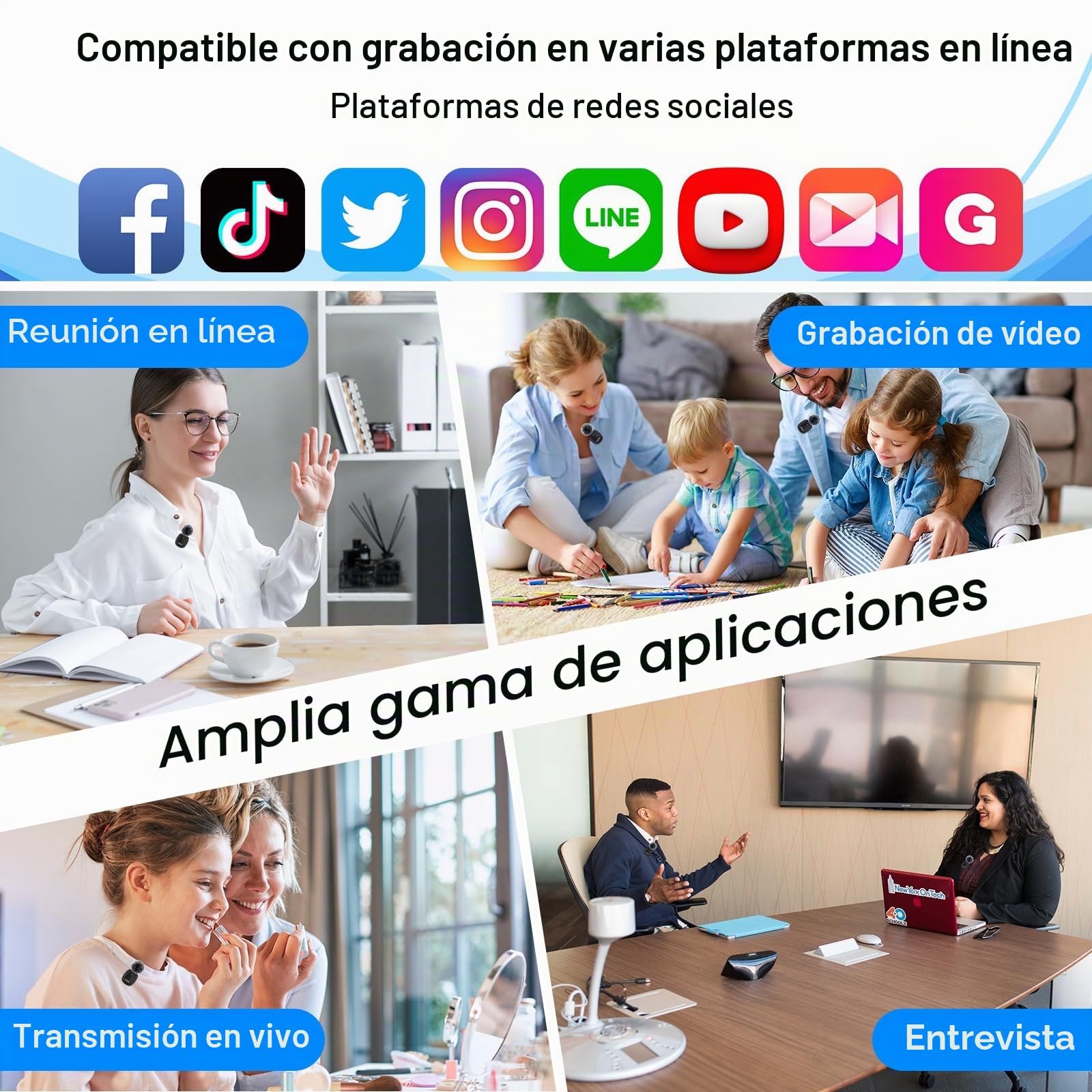 OSA 3 en 1 microfono inalambrico para cámara, iOS, Android y portátil, 8H Long Working Time Lapel Mic con reducción de Ruido para grabación de vídeo, Vlog, Youtube, TikTok