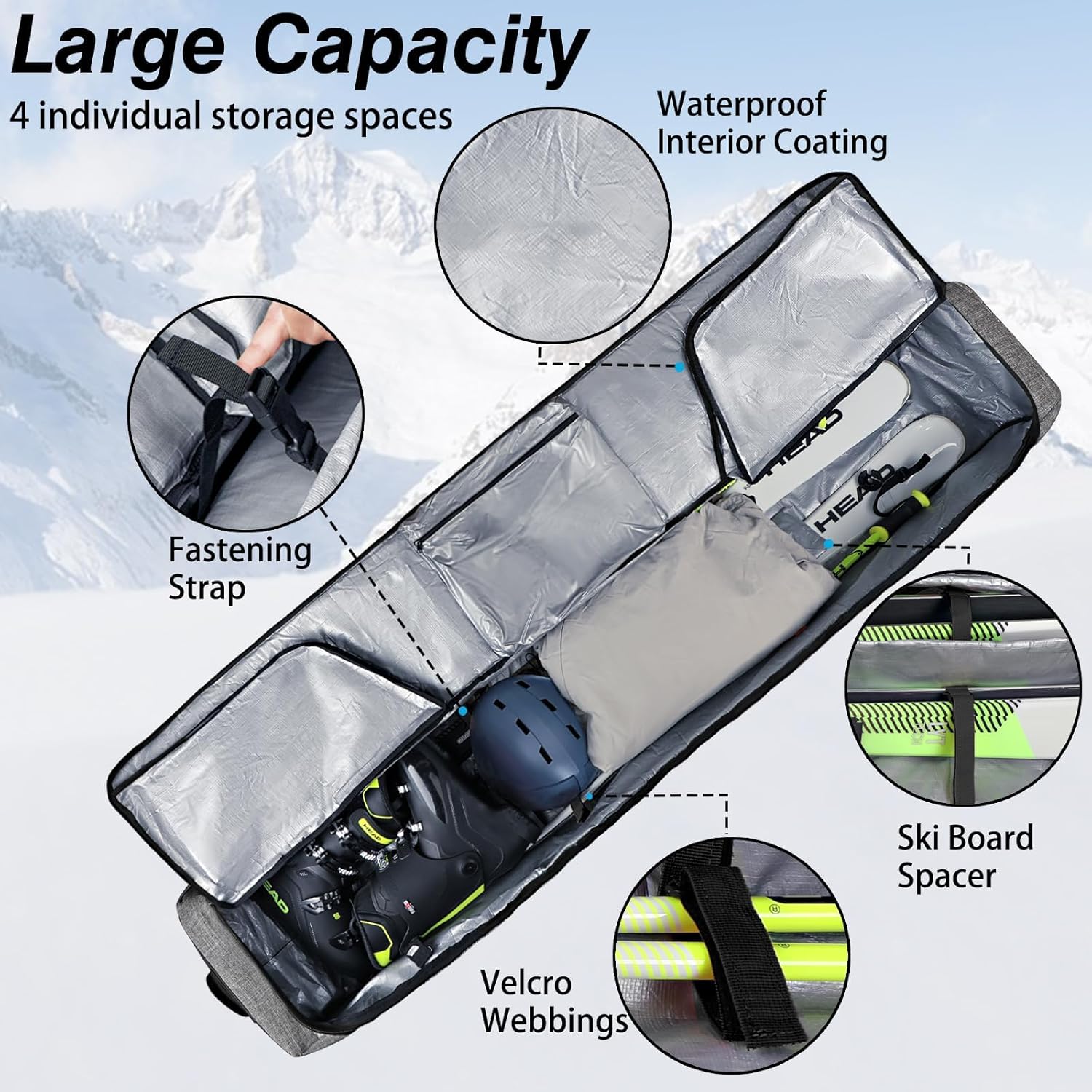 WOLT Rolling Ski Bag,Padded Snowboard Bag with Wheels for Air Travel, Fit to Double Pairs of Skis up to 175 or 190 cm - Image 4