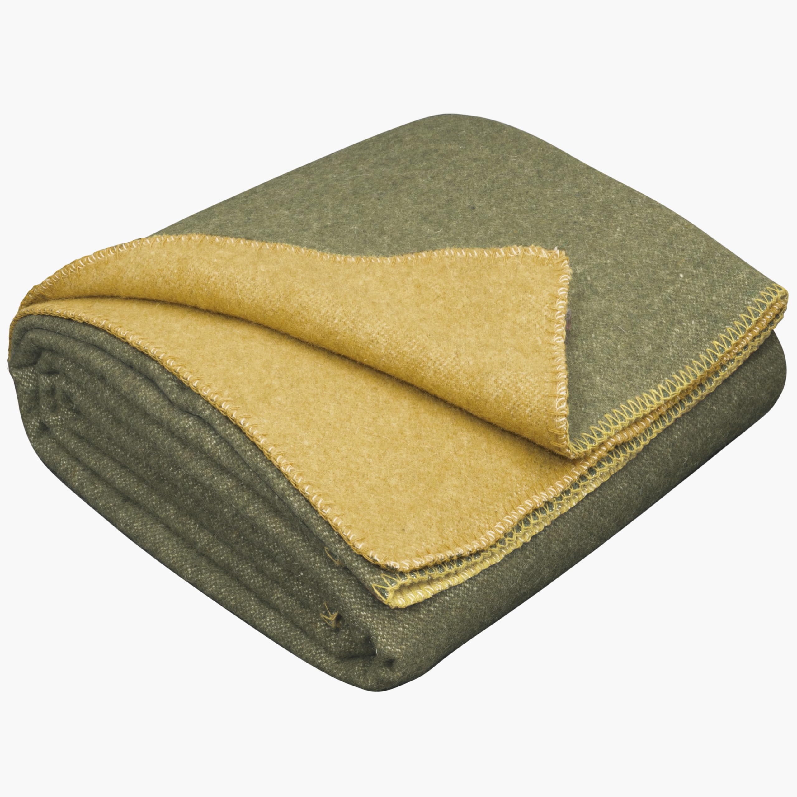 LYHome Manta Lana Merino - Plaid de Lana de Oveja para Viaje Militar Camping, Cubre para Sofa Cama, Mantas Sofas, Cobijas Calientes Invierno Verano (150 x 215 cm, Mostaza - Verde Oliva Doble-Cara)