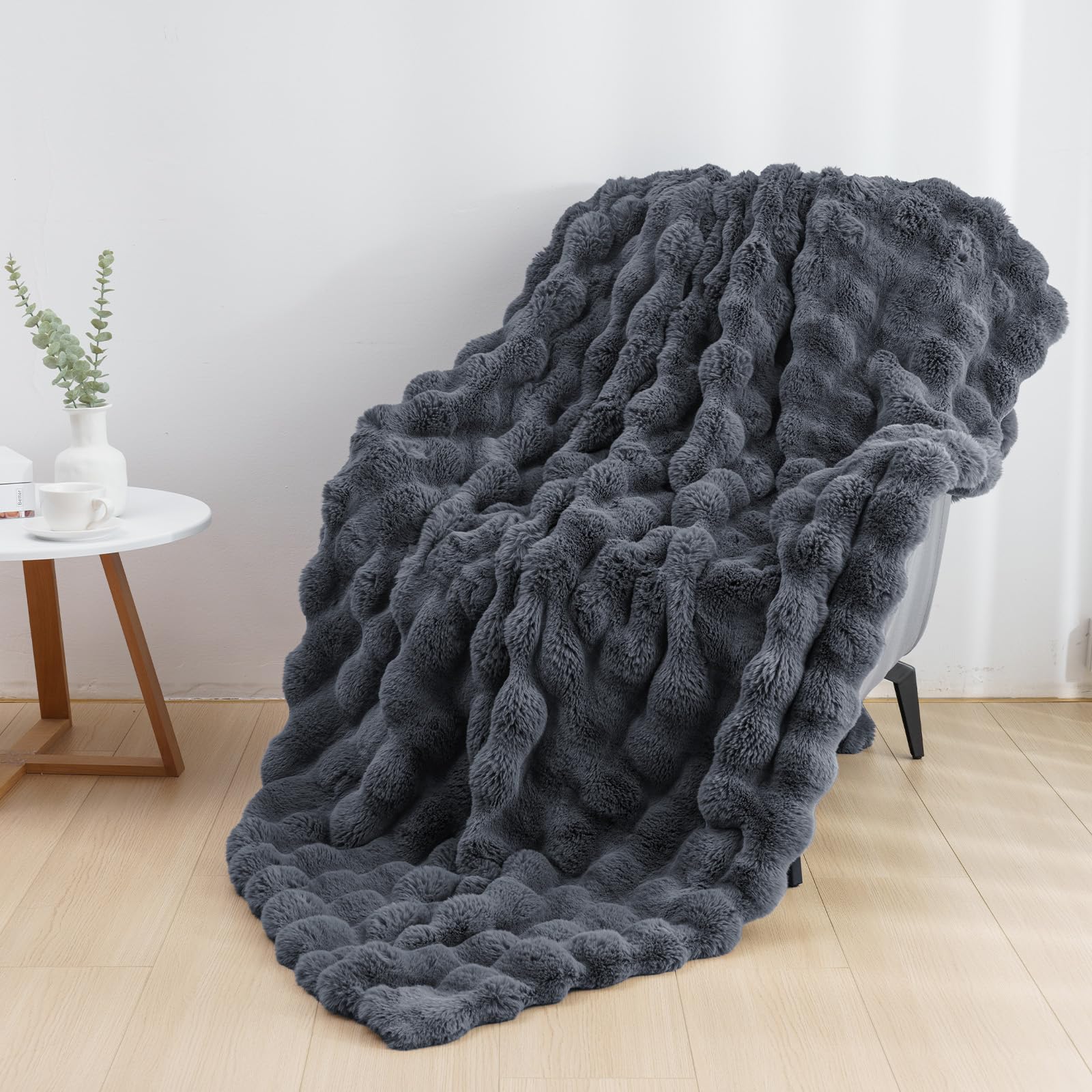 HRLMP Faux Rabbit Fur Throw Blanket For Couch 1000GSM Smooth Fuzzy P