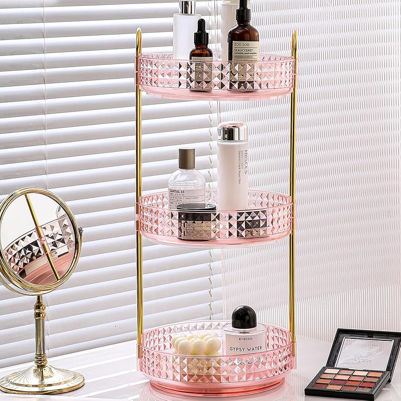 Organizador de maquiagem Fangoo rosa com 3 níveis e rotação de 360°, para cosméticos
