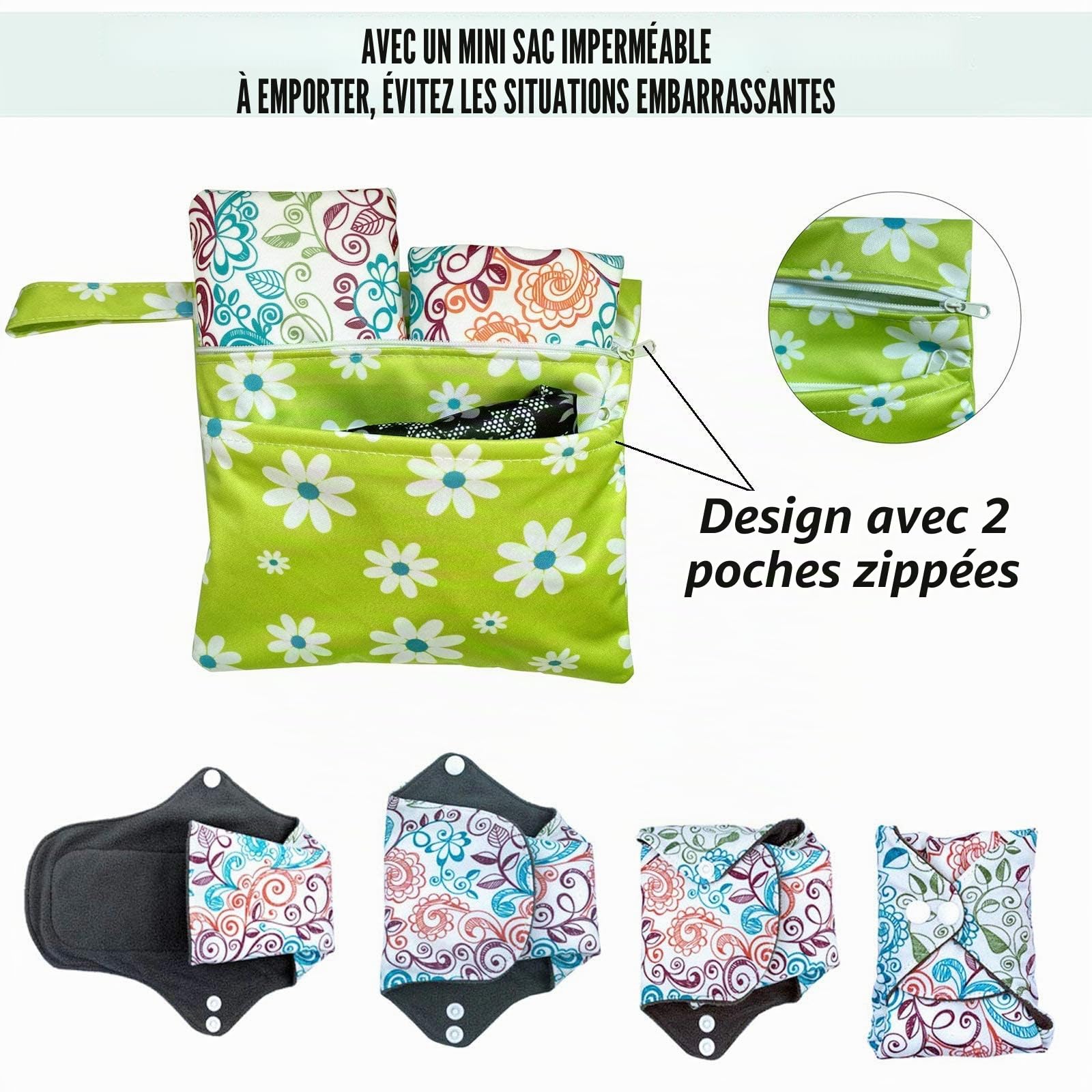 Lot de 11 Serviettes Hygiéniques Lavables Réutilisables (S+M+L) - Jour/Nuit pour Tous Flux (Léger à Intense) - Absorption Maximale Anti-Fuites, avec Sac Imperméable