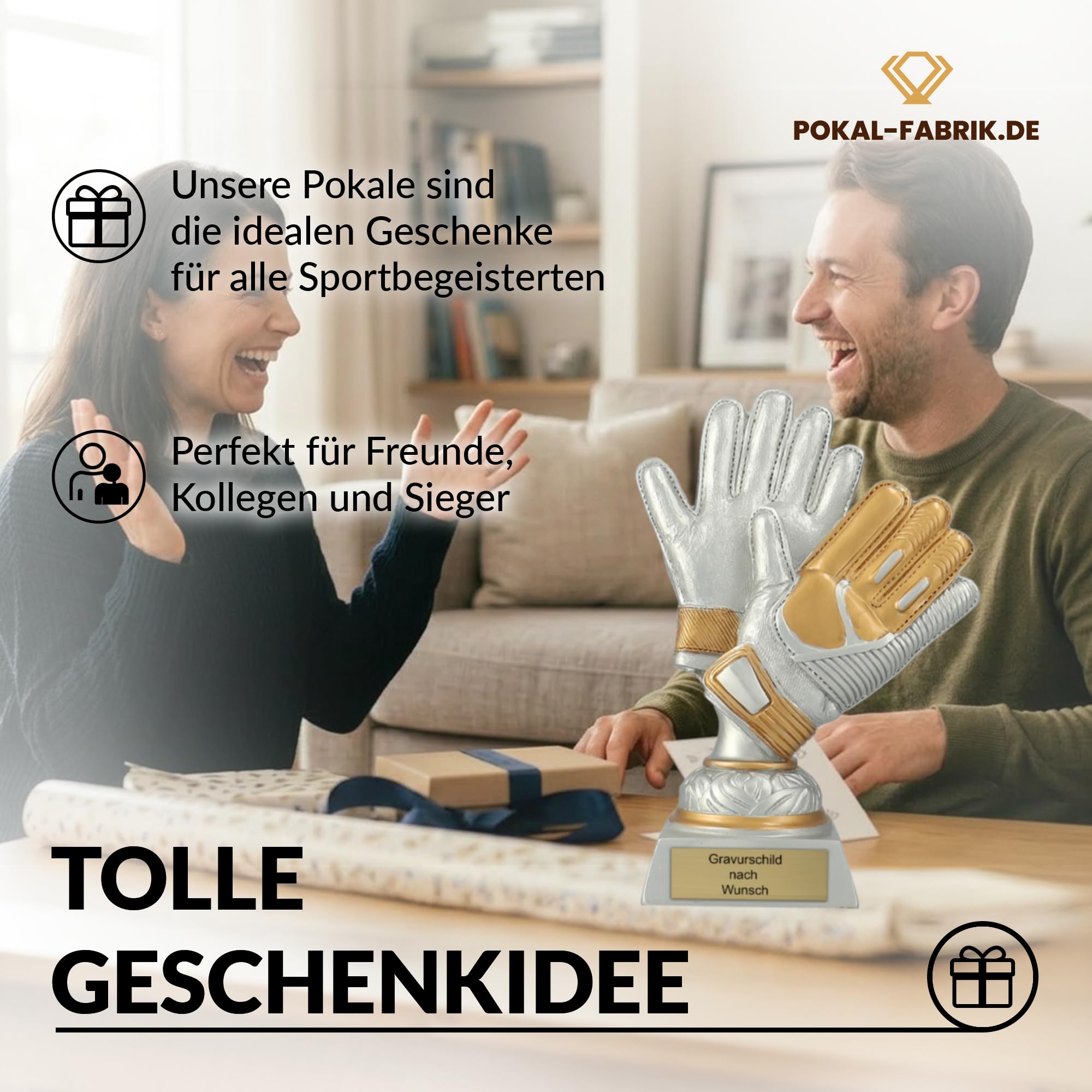 Pokal-Fabrik - Torwart-Handschuhe Fussball Pokal mit Gravur Wunschtext - Gold/Silber Trophäe 17 cm – personalisierte Auszeichnung für Fußball WM, Sport Events & Wanderpokal