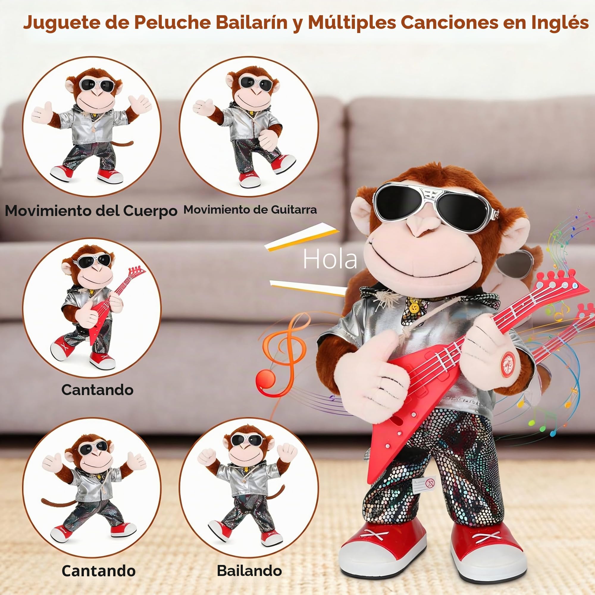 Mono danzante de peluche con forma de mono cantando y bailando, juguete para niños y adultos, regalo para decoración del hogar, baile, canto, sacudiendo el cuerpo y sacudiendo la guitarra