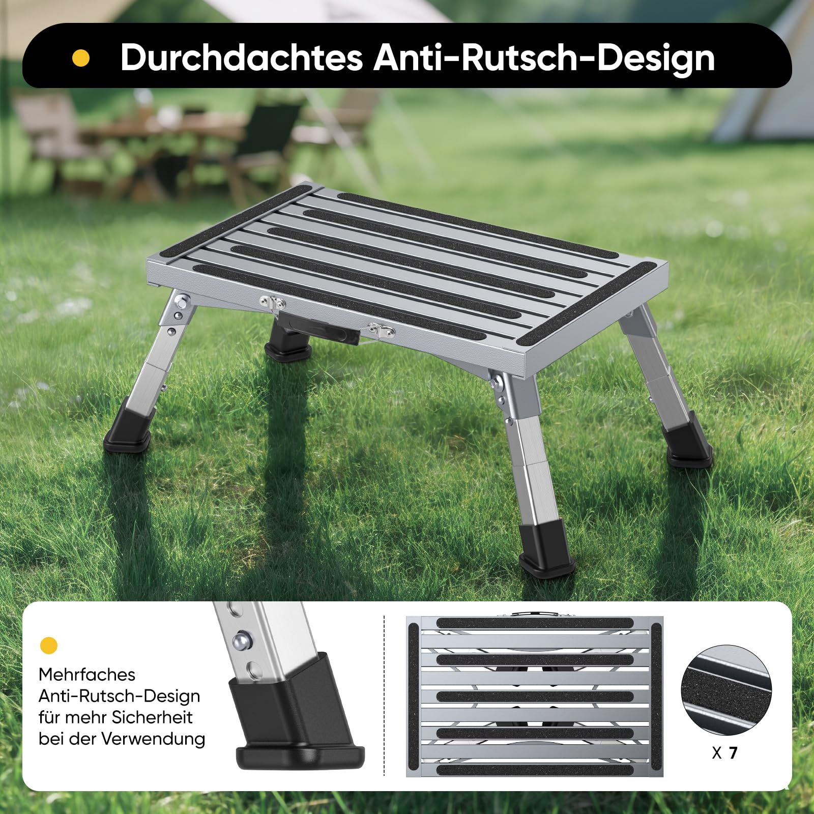 Klapptritt Trittstufe mit Griff, 4-stufige Höhenverstellbarer Tritthocker, 350kg Belastung und Anti-Rutsch, für Wohnmobile, Garten, Camping