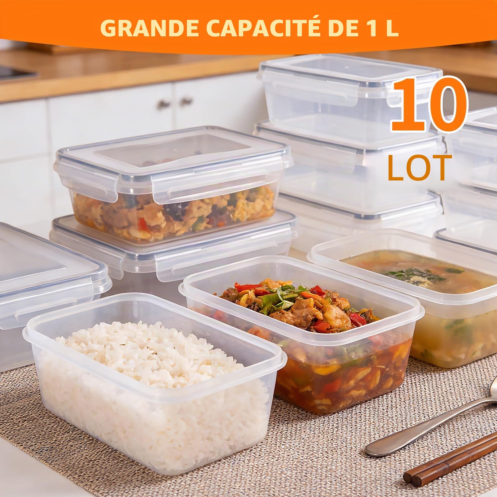 Boîte Conservation Alimentaire, 10 Pièces De 1l, Boîte Alimentaire Sans Bpa, Plastique Boîte Hermetique Alimentaire, 100% Étanche, Pour Congélateur, Frigo, Micro-Ondes & Repas à Emporter