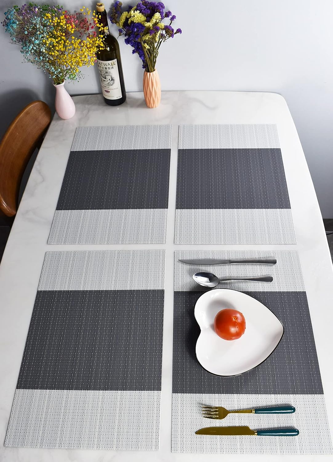 Non-Slip Placemats Set of 6, Heat Stain Ressietant Wipeable Kitchen Dining Table Decorations Easy to Clean Mats, Anti-Skid Vinyl Washable Place Matt (Cotton Like -Grey)