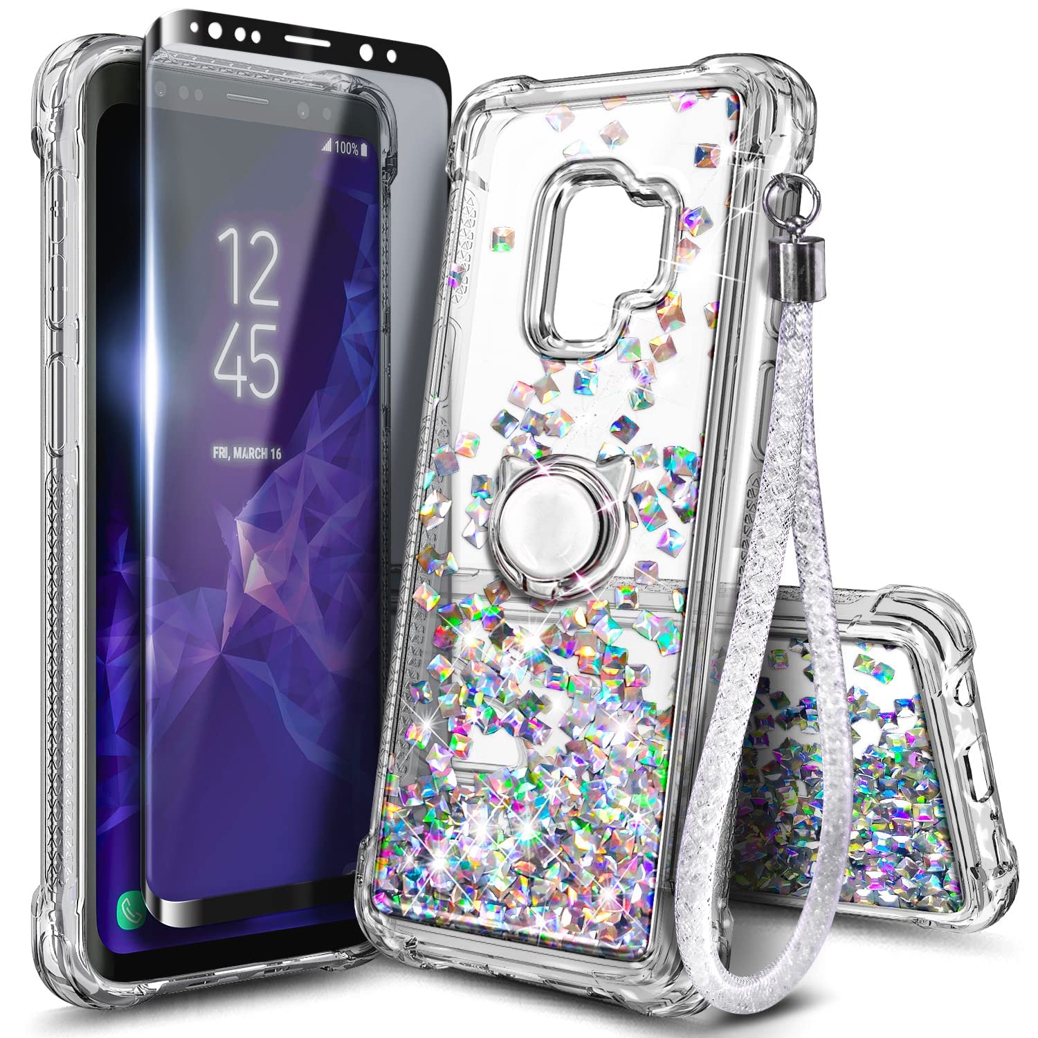 E-Began Case for Samsung Galaxy S9 with Screen Protector (Maximum Coverage, Flexible TPU Film), Sparkle Glitter Flowing Liquid Quicksand Bling Diamond, Durable Girls Women Kids Cute Case (Pink/Purple)