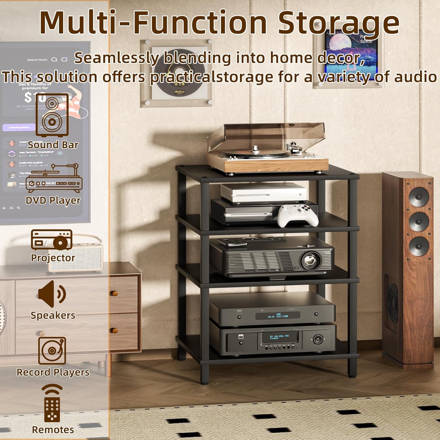LELELINKY 4-Tier AV Media Player Stand, Black Stereo Cabinet, Modern Stereo Cabinet, Wooden TV Stand,Game Console Shelf, Multifunctional Entertainment Center, Suitable for Home, Conference Room
