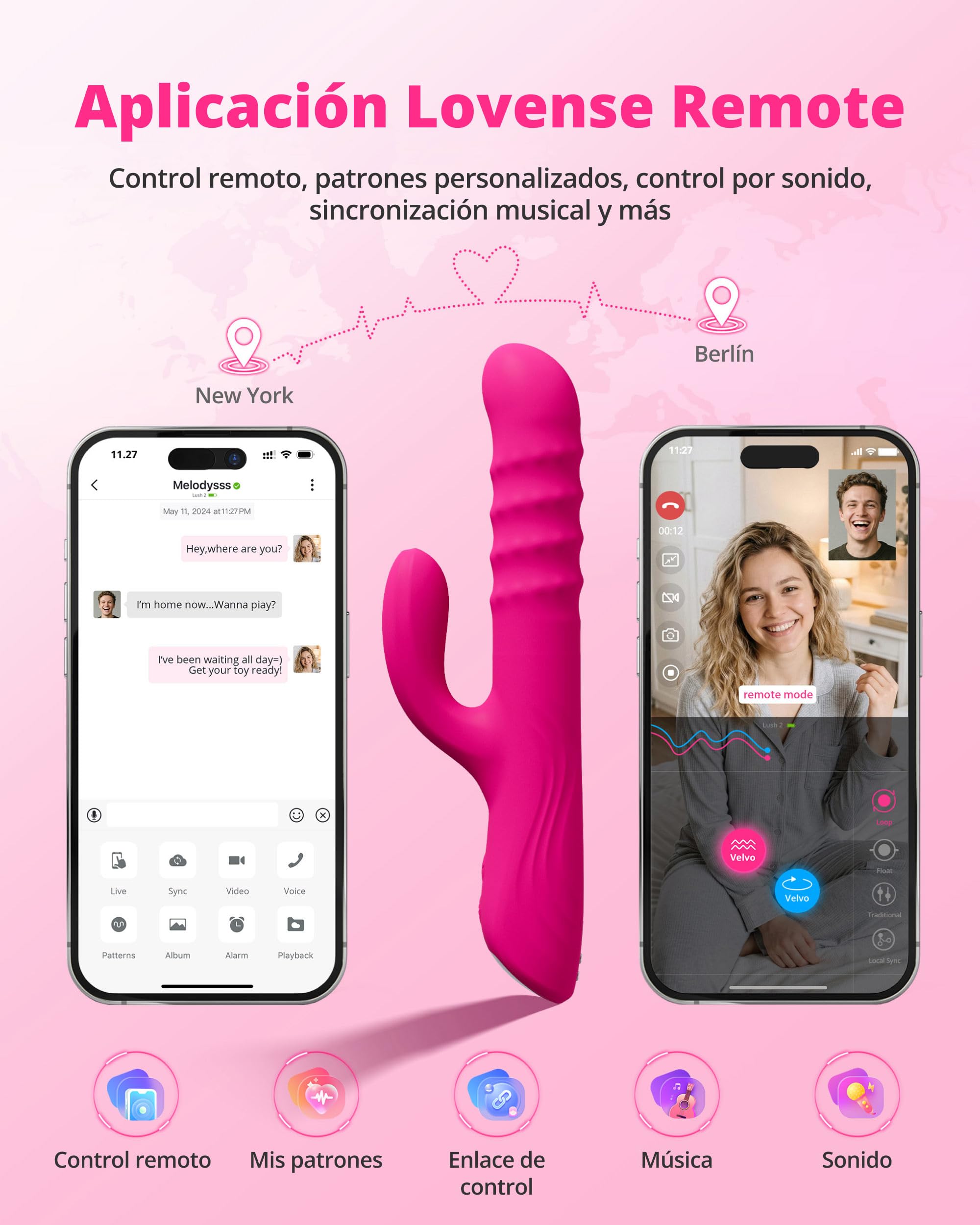 LOVENSE Velvo Vibrador Conejo con Perlas Giratorias, Vibrador Punto G para Mujeres, Estimulador de Clítoris, Vibrador Doble, Control Remoto por App, Juguetes Sexuales para Parejas, IPX7, Rosa