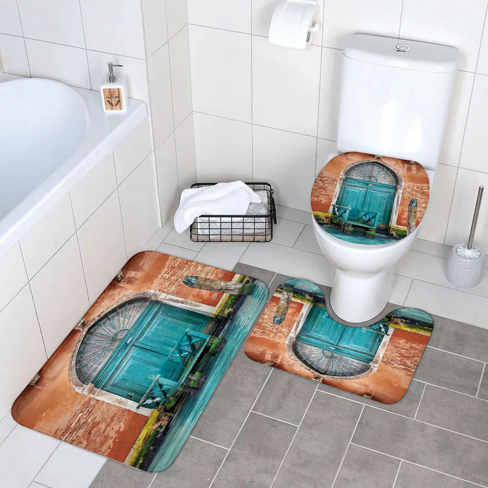 Set di 3 tappetini da Bagno, Lavabili in Lavatrice e Antiscivolo, in Morbida Fibra Superfine, con Motivo Venezia, Edificio Antico e Porta d'ingresso Antica, Città sull'acqua, stori